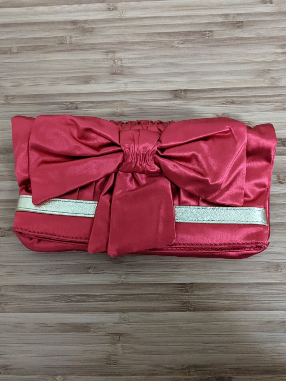 Felix Rey Red Satin Clutch – Bow Detail, Leopard Interior, Like New
